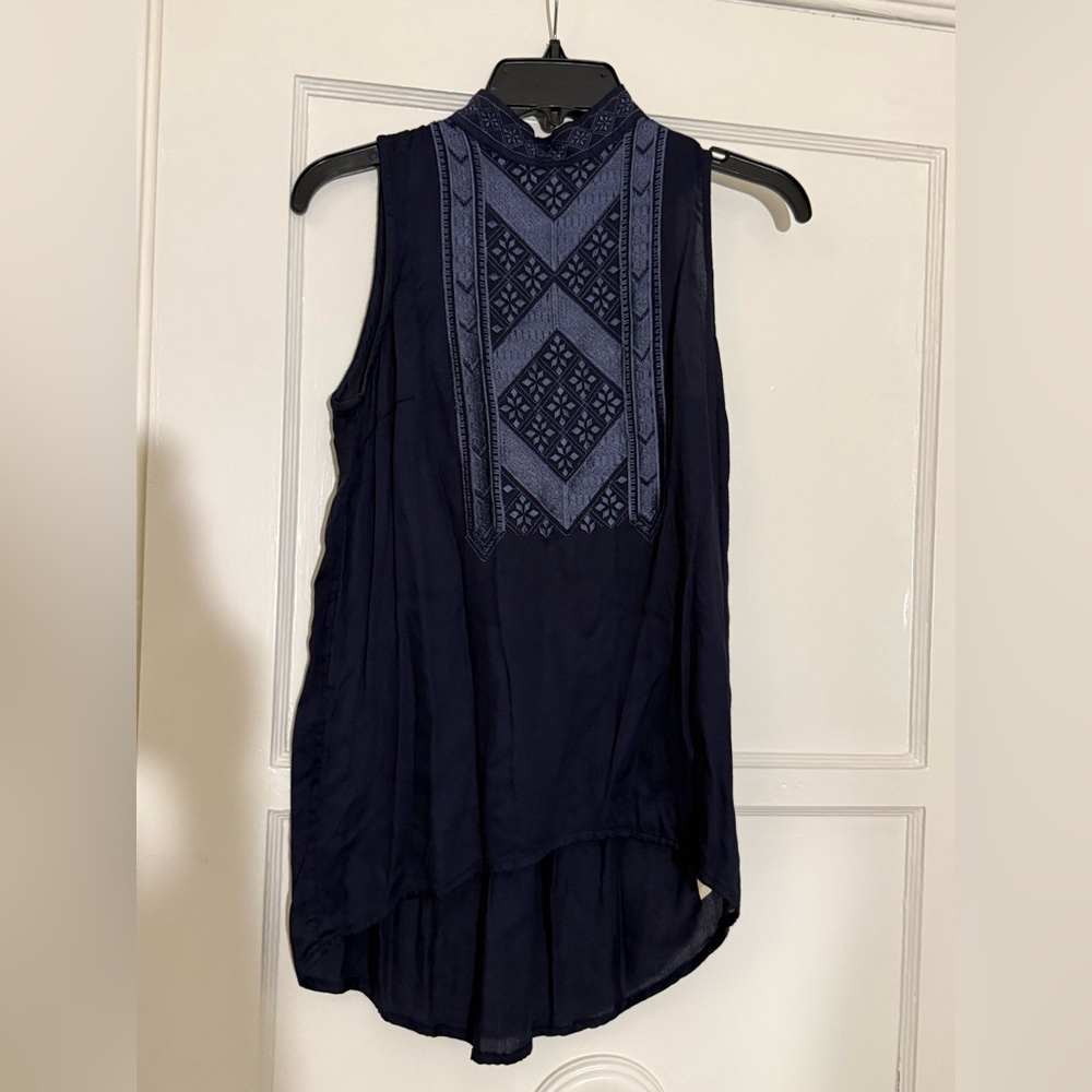 Sleeveless Navy Embroidered High-Neck Women's Top